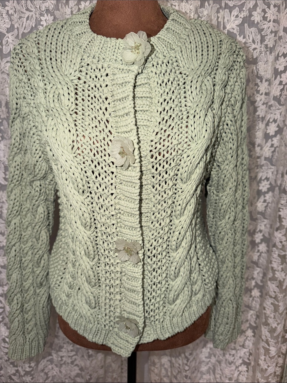 Zara Light Sage Green Cable Knit Cropped Cardigan - Picture 5 of 12